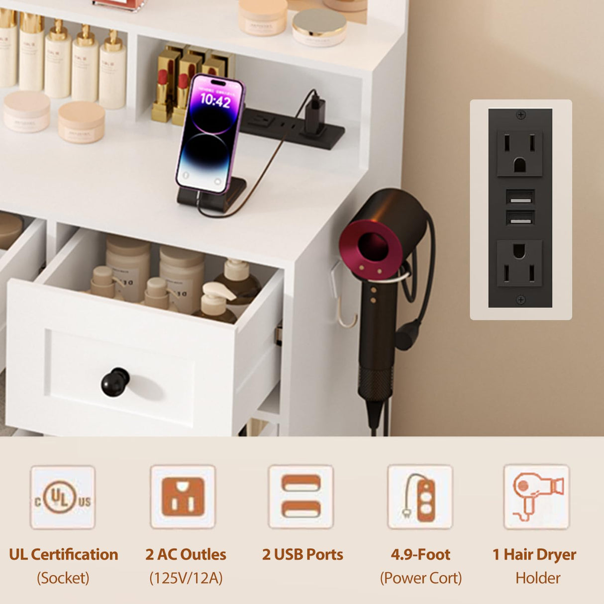 ERLEJIA Farmhouse Vanity Desk with Mirror and Lights&Stool and Power Outlet, 43.3" Large 3 LED Lights Modes Makeup Vanity Table with 7 Drawers, 2 Cabinets& Large Mirror,Bedroom Vanity Desk White ERLEJIA