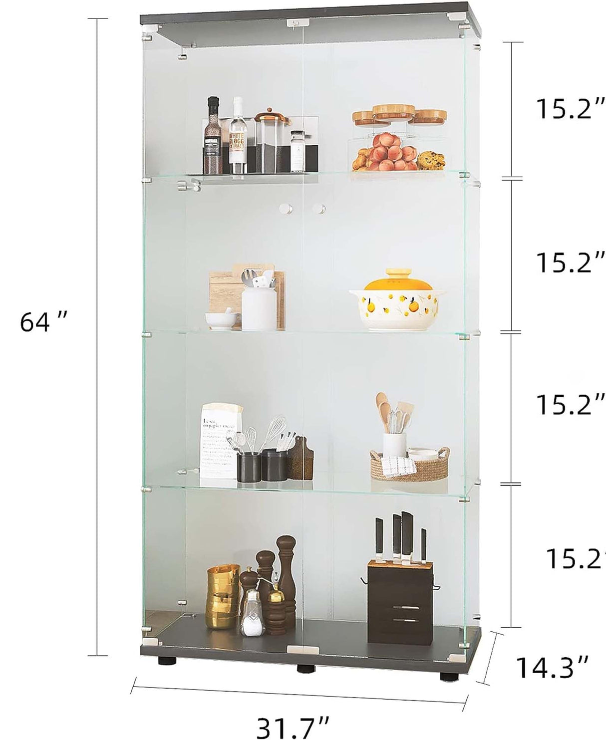 APRILSOUL Glass Display Cabinet 4-Shelf with Double Door, Curio Display Cabinet with 5mm Tempered Glass, Floor Standing Bookshelf for Bedroom, Living Room, 64 x 31.7 x 14.3 in, Black APRILSOUL
