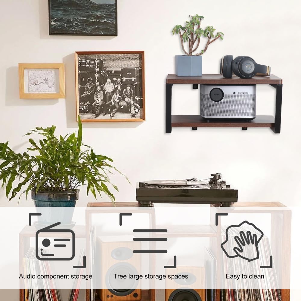 LUCKUP Floating Wall Shelves Wall Mounted Projector Shelf Wood AV Media Stand with 2 Shelves, Entertainment Center with Strengthened Metal Steel Frame LUCKUP