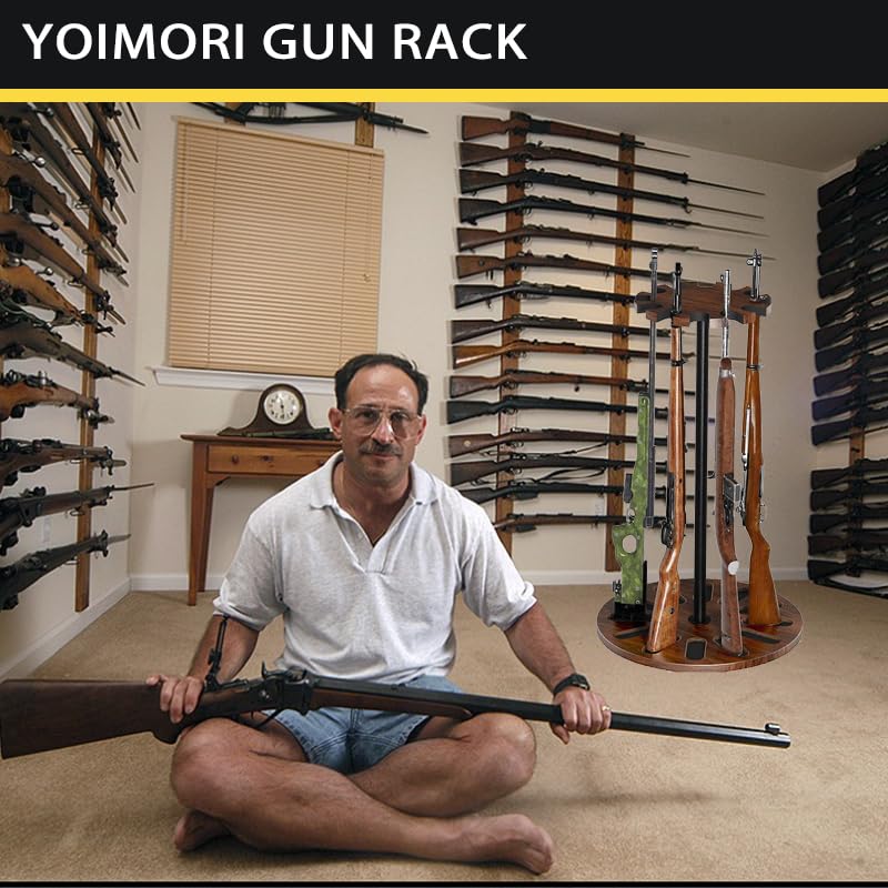 Yoimori Indoor Gun Racks, Rotating Gun Rifle Rack Stand, Heavy Solid Wood Gun Storage-Holds up to 12 Guns Display Brown Yoimori