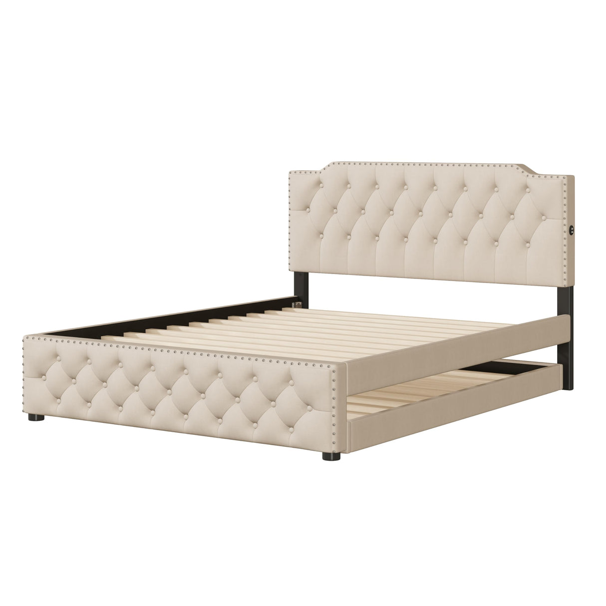Harper & Bright Designs Queen Platform Bed with Twin Size Trundle and USB Ports on Each Side, Linen Upholstered Queen Bed Frame with Trundle, Wood Queen Bed for Bedroom, No Box Spring Required, Beige Harper & Bright Designs