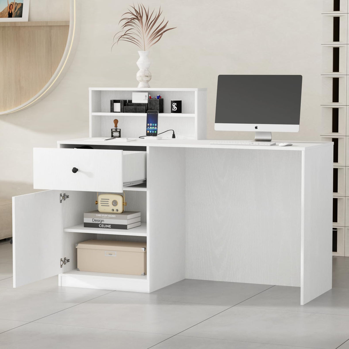 VOWNER Small Morden Reception Desk with LED Lighting, 39.4" H Office Counter with Storage Drawers, Secretary Desk with Power Outlets, Front Desk for Salon, Lobby – White (47.2" W x 18.9" D x 39.4" H) VOWNER