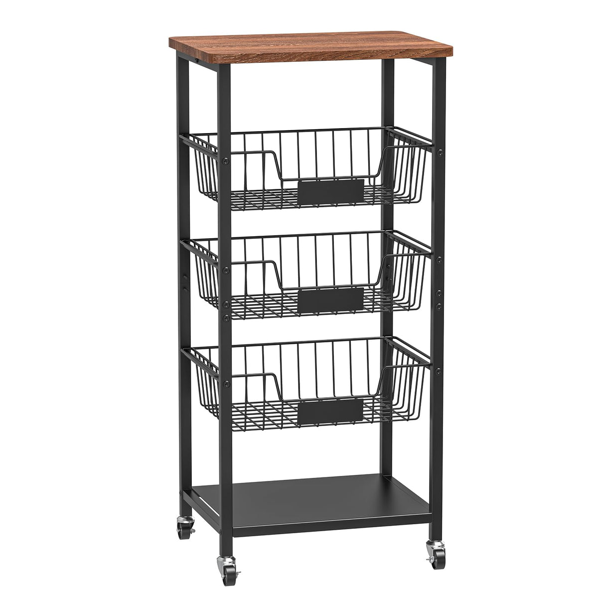 Hastatii Kitchen Storage Cart, 5-Tier Utility Organizer with Baskets and Wood Top, Rolling Snack Cart with Wheels, Metal Black Hastatii