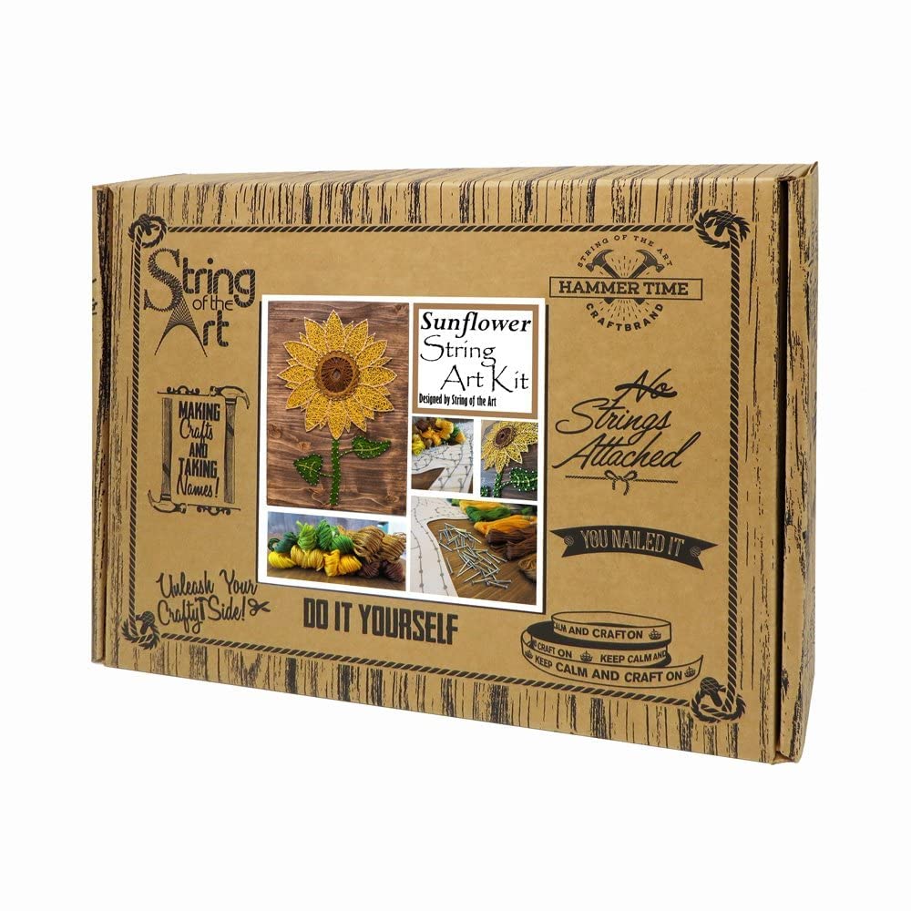 String of the Art Sunflower String Art Kit, American Made DIY Craft Kit for Adults, Stained Pine Wood (16" x 12"), Embroidery Floss, for Beginner to Advanced Crafters, Craft a Handmade Gift String of the Art