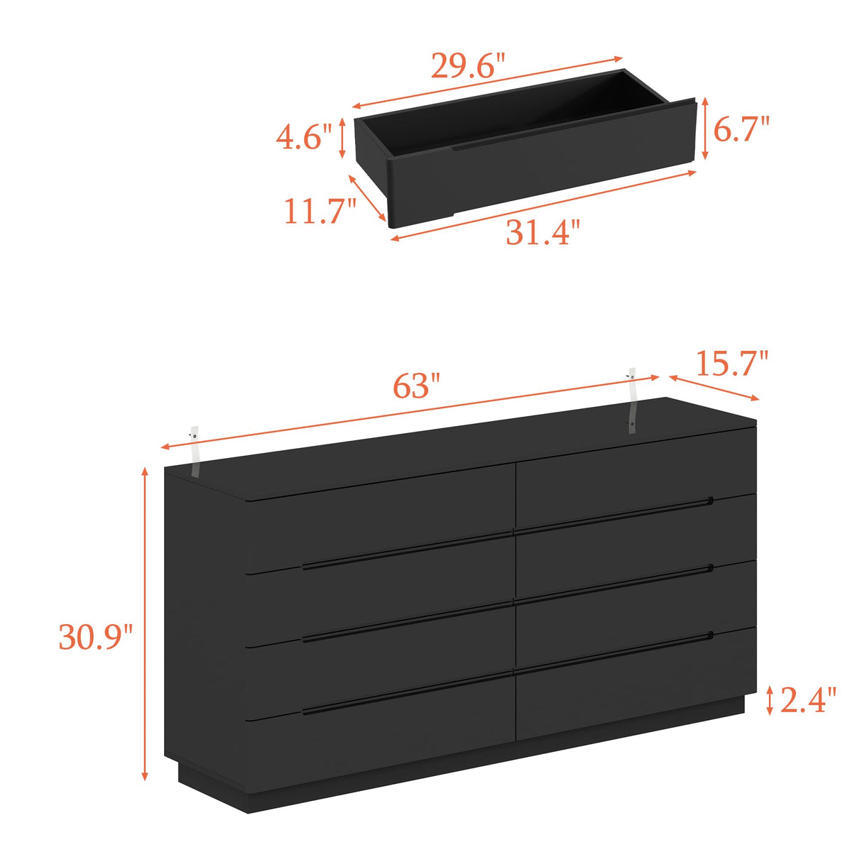 ROMSHINE Black Drawer Dresser with LED Light, Modern High Gloss Dresser with 8 Drawers, 63" Long Dresser Double Dresser Storage Chest of Drawer for Bedroom, Living Room, Entryway ROMSHINE