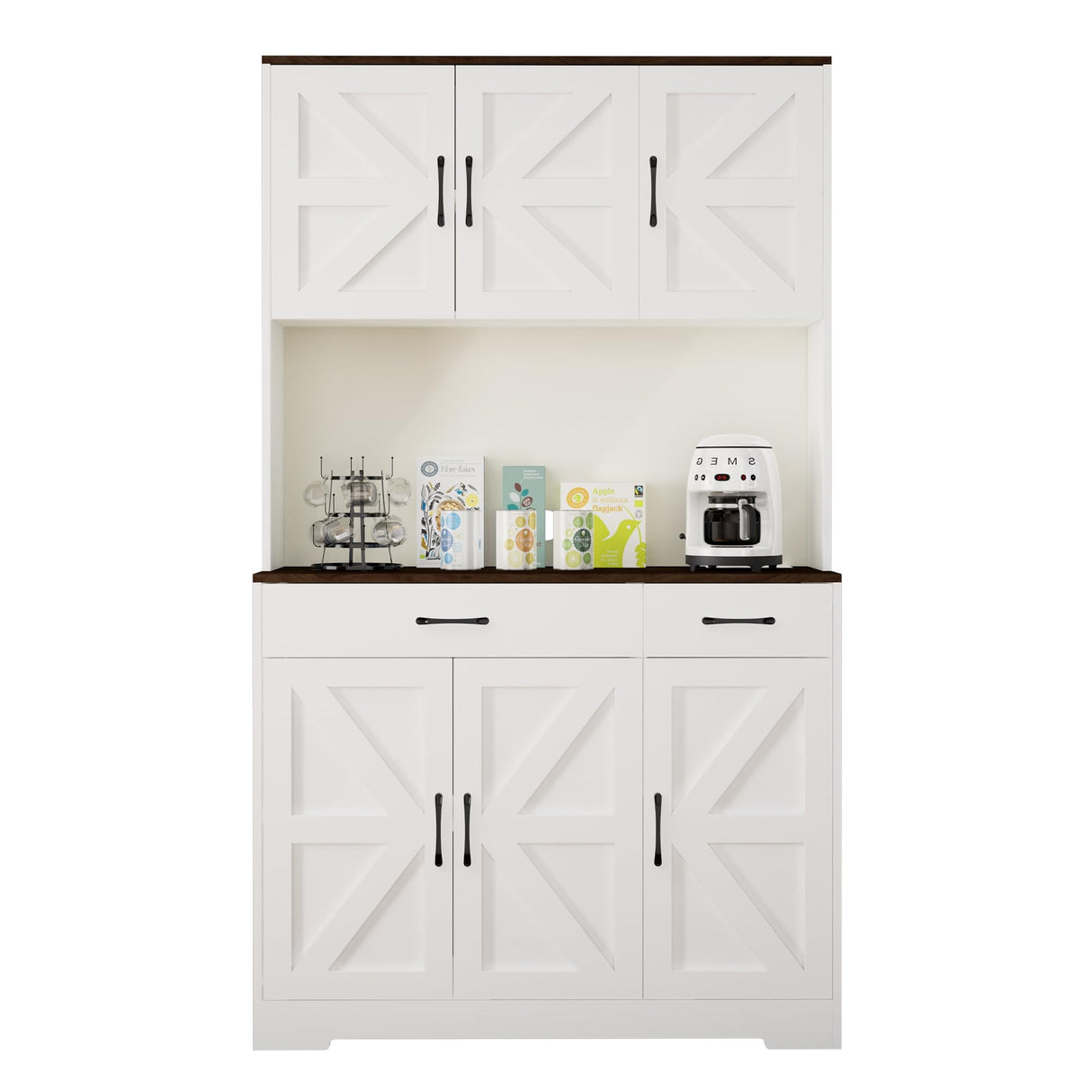 Azaeahom 71" Pantry Cabinet with Charging Station, Kitchen Storage Cabinet with Microwave Stand, 8-Zone Organization, 2 Smooth-Glide Drawers, Open Countertop for Dining, Kitchen, Living Room (White) Azaeahom