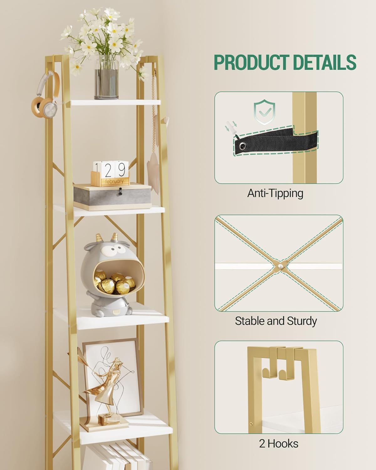 Hzuaneri Ladder Shelf, Bookshelf Bookcase, Freestanding Corner Storage Shelve with 2 Hooks for Home Office, Living Room, Kitchen, Bedroom, Industrial, 11.8" D x 13.4" W x 63" H, White Gold BC03213G Hzuaneri