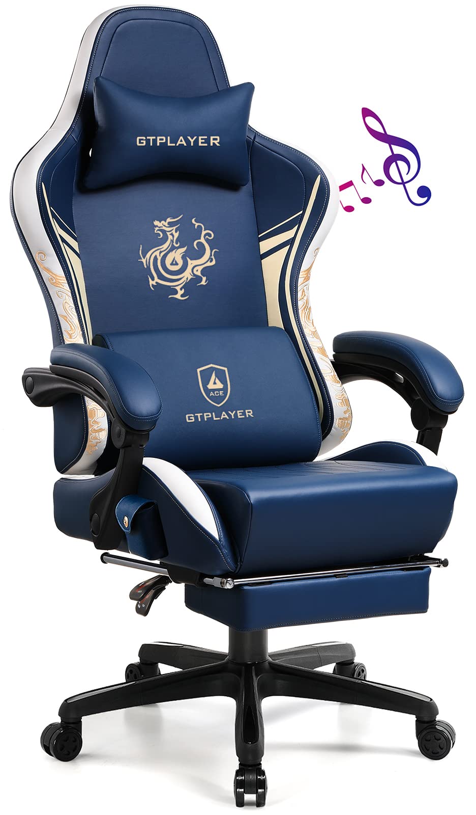 GTPLAYER Gaming Chair with Bluetooth Speakers and Footrest, Dragon Series Video Game Chair ,Heavy Duty, Ergonomic, Esports Computer Office Chair Blue (Royal Blue) GTPLAYER