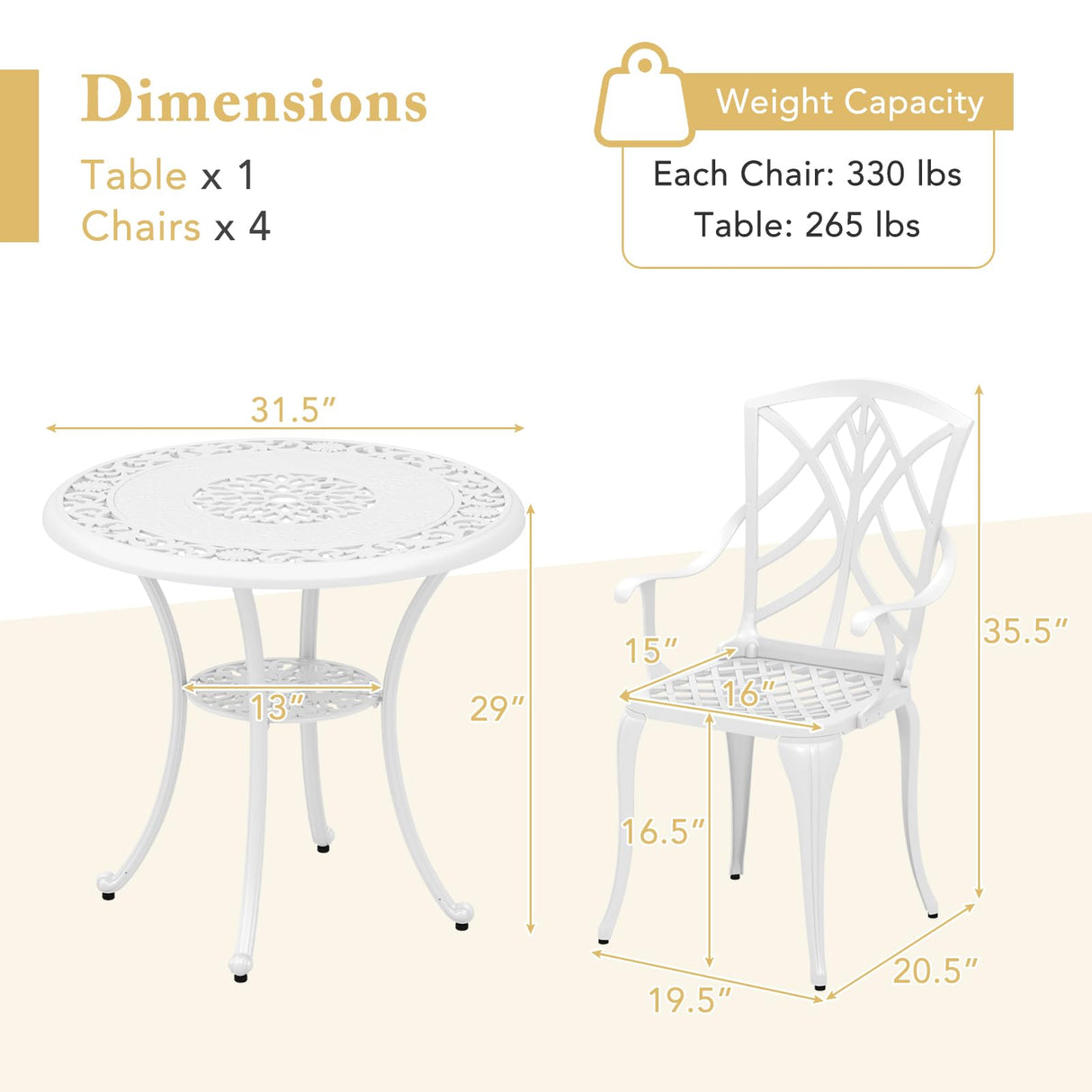 Tangkula 5 Pieces Cast Aluminum Outdoor Dining Set, Round Dining Table with 2” Umbrella Hole & 4 Armchairs, All-Weather Outdoor Furniture Set for Patio, Balcony, Garden & Backyard, White Tangkula