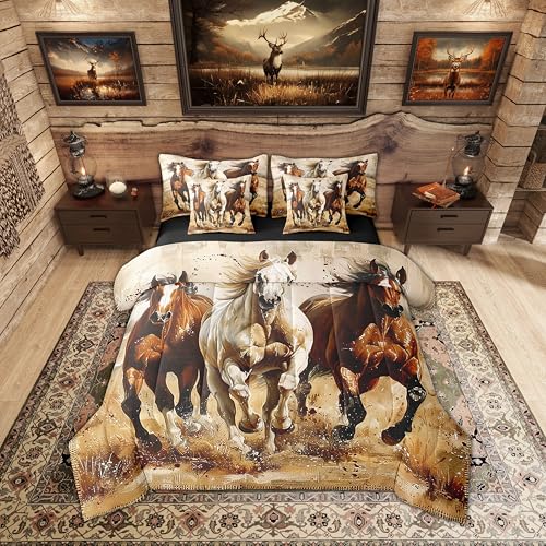 Erosebridal Horse 7 Piece Comforter King Size for Kids Boys Western Cowboy Horse Sheet Set Bed in A Bag 3D Printed Wildlife Wild West Country Rustic Cabin Desert Bed Set Erosebridal