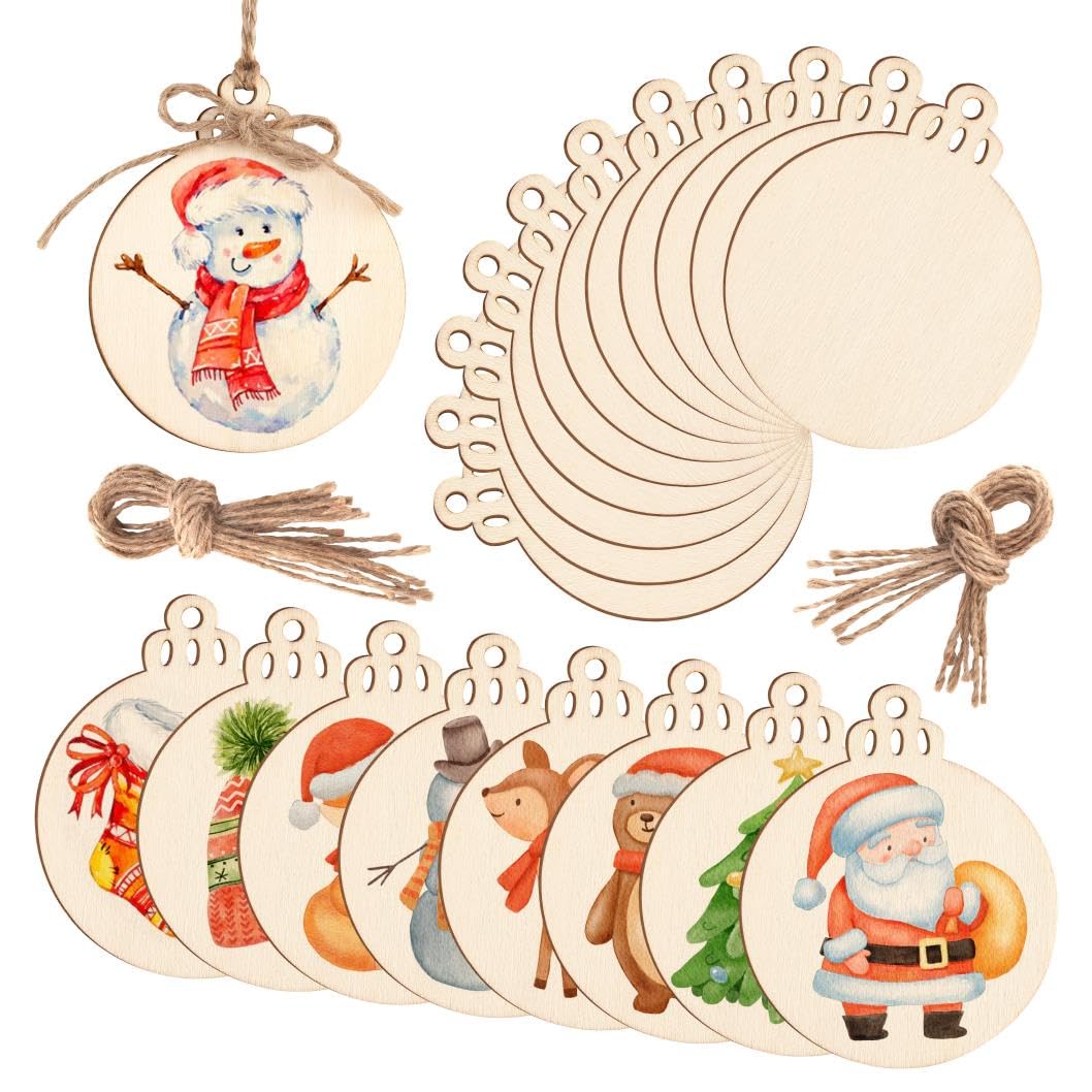 Round Wooden Circles with Holes - 20 Pcs Unfinished Natural Wood Slices for Painting, Crafts Christmas Ornaments DIY Crafts Hanging Decorations WKTFOBM
