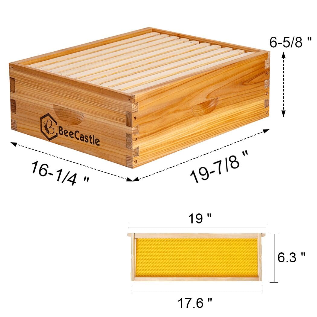 BeeCastle 10 Frame Medium Super Bee Hive Box, Langstroth Honey Bee Hive Dipped in 100% Beeswax Include Beehive Frames and Wax Foundations (Unassembled) BeeCastle