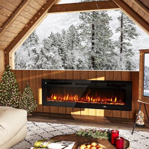 OneBlis 60” Smart Electric Fireplace Heater, Wide Recessed/Wall Mounted Electric Fireplace, Remote Control with Timer, 12 Adjustable Color Flame, Log Set & with Crystal Stone, 750/1500W OneBlis