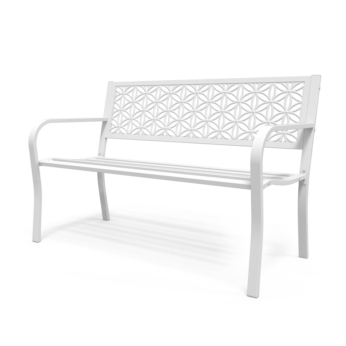 VINGLI 50" Outdoor Bench Metal with Floral Back, Garden Bench Front Porch Bench for Yard Patio Entryway Park Outside, 800lb Capacity - White VINGLI