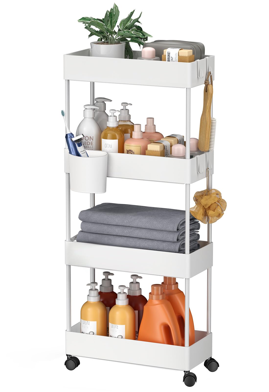 Pipishell Slim Storage Cart with Wheels, 4 Tier Bathroom Storage Organizer Rolling Utility Cart for Bathroom Kitchen Laundry Room Office Narrow Place (White) Pipishell