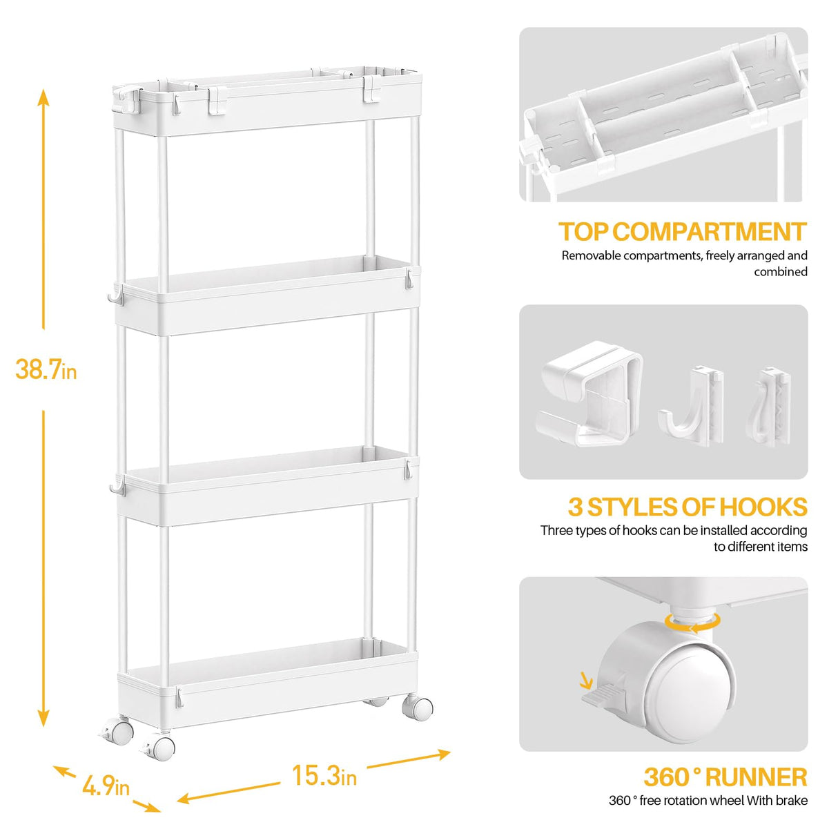 SPACELEAD Slim Storage Cart 4 Tier,Bathroom Organizer Rolling Utility, Mobile Shelving Unit Slide Out for Office, Kitchen, Laundry Room & Narrow Places,White SPACELEAD