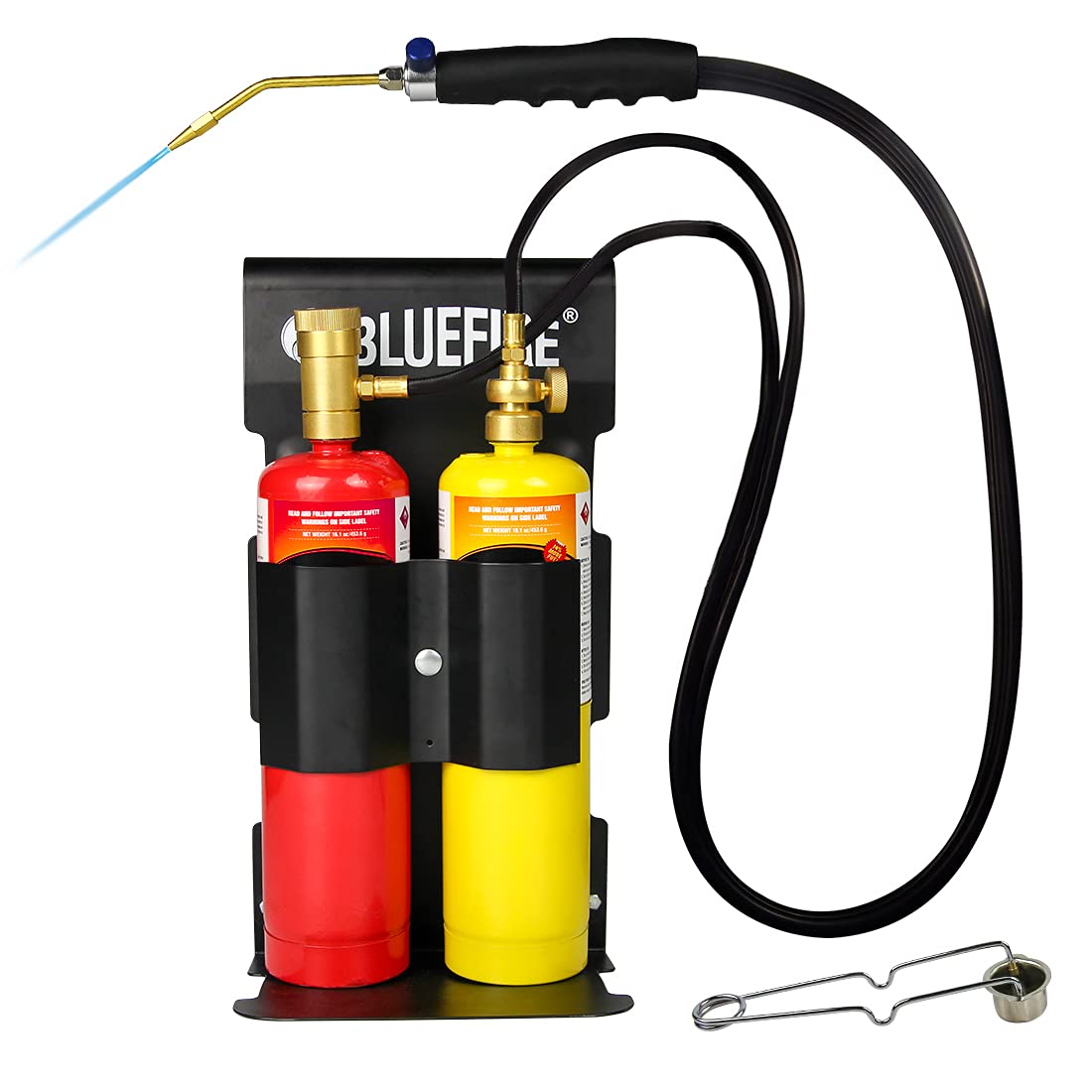 BLUEFIRE Oxypropane Welding Gas Cutting Torch Kit with Flint Lighter and Cylinder Holder Rack - For Jewelers Hvac Map Gas Torch Kit Brazing Mapp Gas Torch, Soldering Oxy Acetylene Torch Kit Tanks MR. TORCH