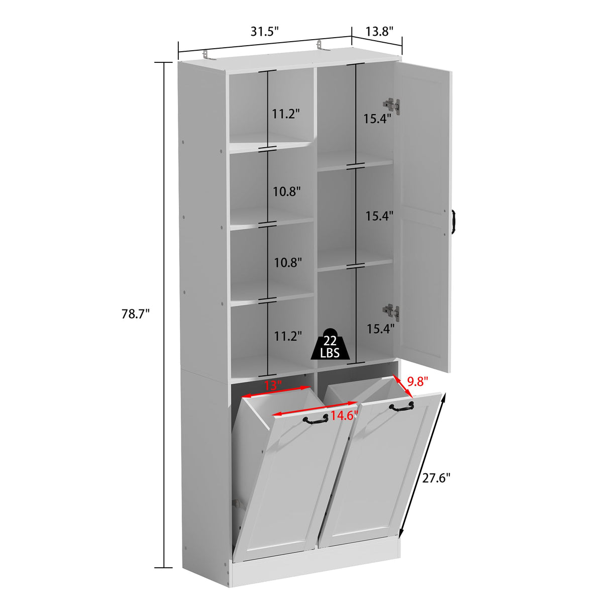 ROMSHINE Double Tilt Out Laundry Hamper, Hidden Laundry Hamper Cabinet with Adjustable Shelves & 2 Tilt Out Trash Cabinets (14 Gallon Each) for Bathroom Kitchen, White 1 Door ROMSHINE