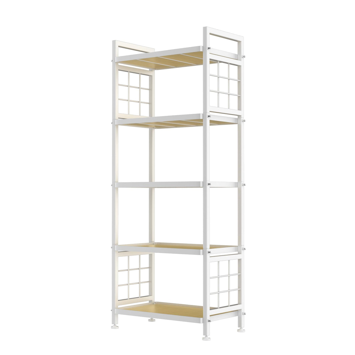 GIOTORENT 5-Tier Pantry Shelves with Wooden Boards, Heavy Duty Storage Shelves & Book Shelf, Adjustable Metal Shelving Unit for Kitchen Bathroom Laundry Organizer, Sturdy Rust-Resistant, White