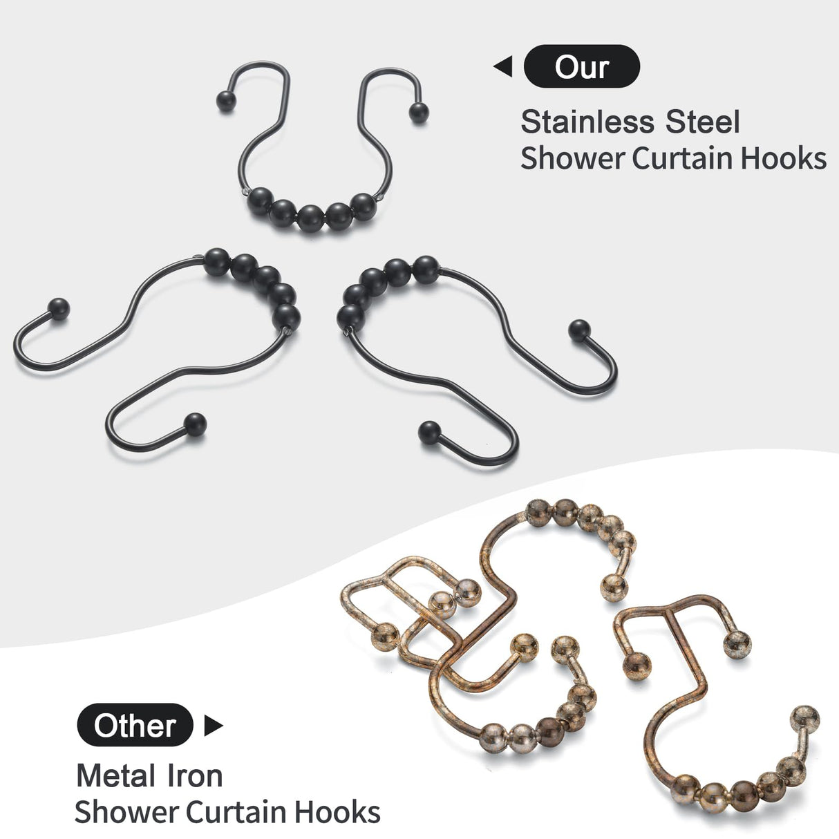 Goowin Shower Curtain Hooks, 12 Pcs Shower Curtain Rings, Stainless Steel Black Shower Curtain Hooks, Shower Curtain Rings Rust Proof, Smooth Sliding Anti-Drop Double Shower Rings for Curtain (Black) Goowin