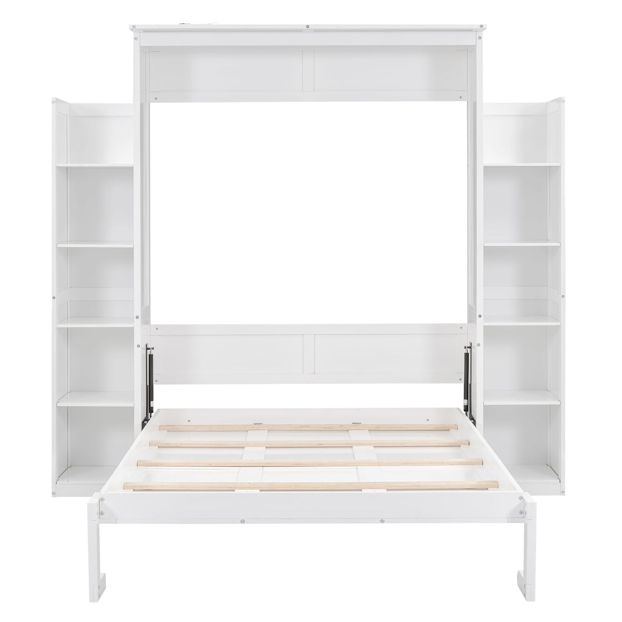 SOFTSEA Full-Size Murphy Bed Wardrobe with Shelves & LED Lights, Space-Saving Wood Frame in White SOFTSEA