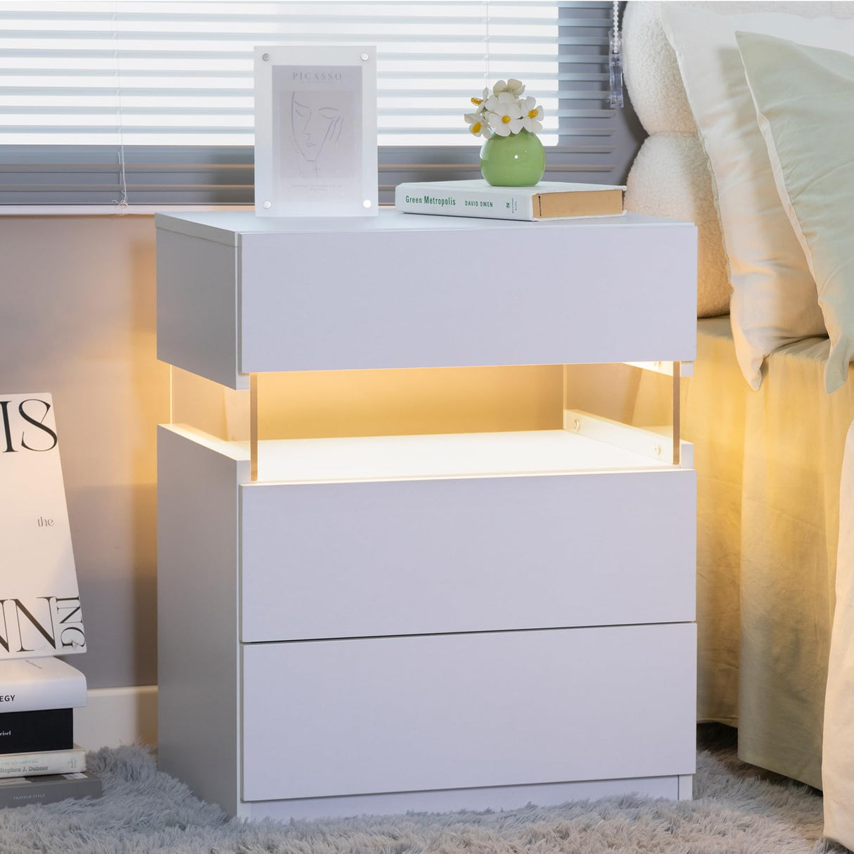 DKYNDSYN Lighted Nightstand with 3 Drawers, LED Lights with 3 Colors and Adjustable Brightness, Remote Control, 19.7" W x 14.6" D x 23.6" H, White DKYNDSYN