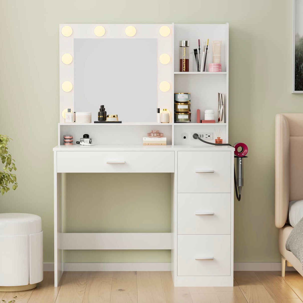 JUMMICO 39.3'' Vanity Desk with LED Lighted Mirror &Power Outlet, Makeup Vanity Table with 4 Large Drawers and 3 Storage Shelves, 3 Model Adjustable Lights for Bedroom & Dressing Room (White) JUMMICO