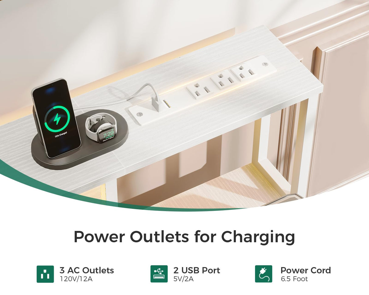 AODK 48-Inch Computer Desk with Fabric File Cabinet and Fabric Drawers, Reversible Office Desk with LED Strip and Power Strip, Gaming Desk with Monitor Riser, Writing/Study Table for Home, White AODK