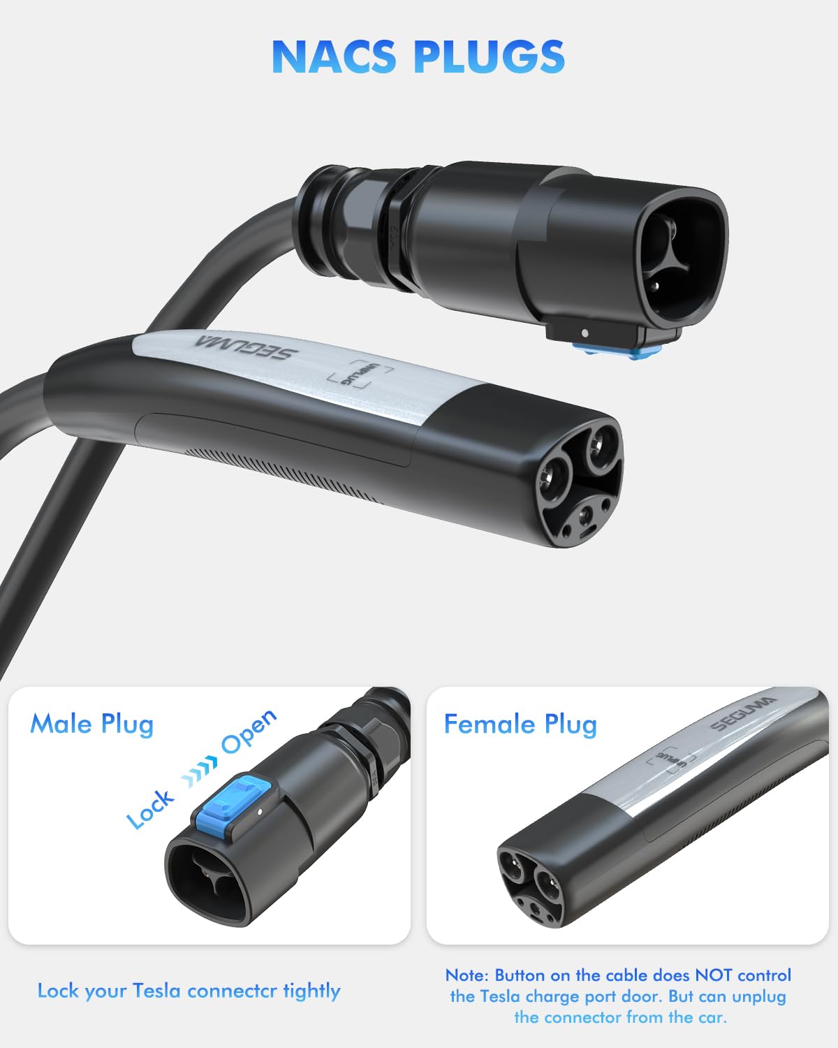 EV Charger Extension Cable for Tesla Charger, 50Amp 21ft Max 240V 12kW with NACS Plug, EV Extension Cord for Level 1/2 Tesla Mobile Charger/Wall Connector, Extension Cord for ModelY/X/3/S/Cyber-truck SEGUMA