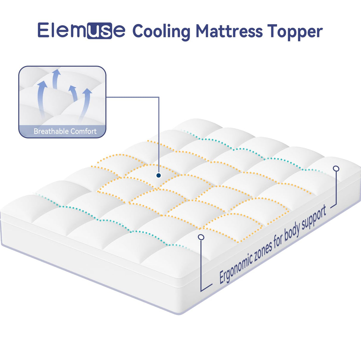ELEMUSE Queen Mattress Topper for Back Pain, Extra Thick Mattress Pad Cover, Plush Soft Pillowtop with Elastic Deep Pocket, Overfilled Down Alternative Filling ELEMUSE