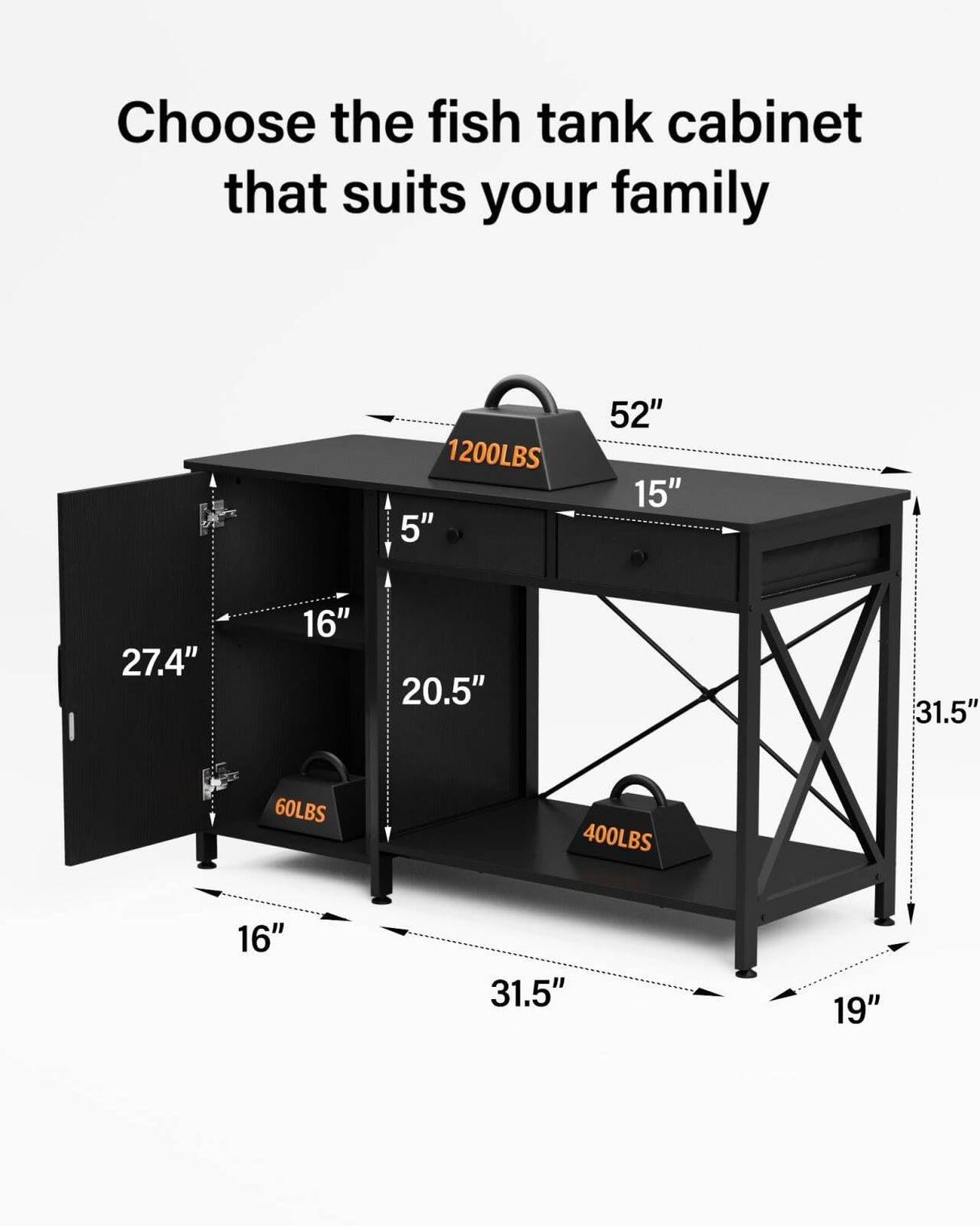 FILKO 40-50 Gallon Fish Tank Stand: Sturdy Aquarium Stand with Storage for 40-50 Gallon Fish Tank - Metal Terrarium Table Cabinet with Power Outlet for Reptile Turtle (55-75 gallon) FILKO