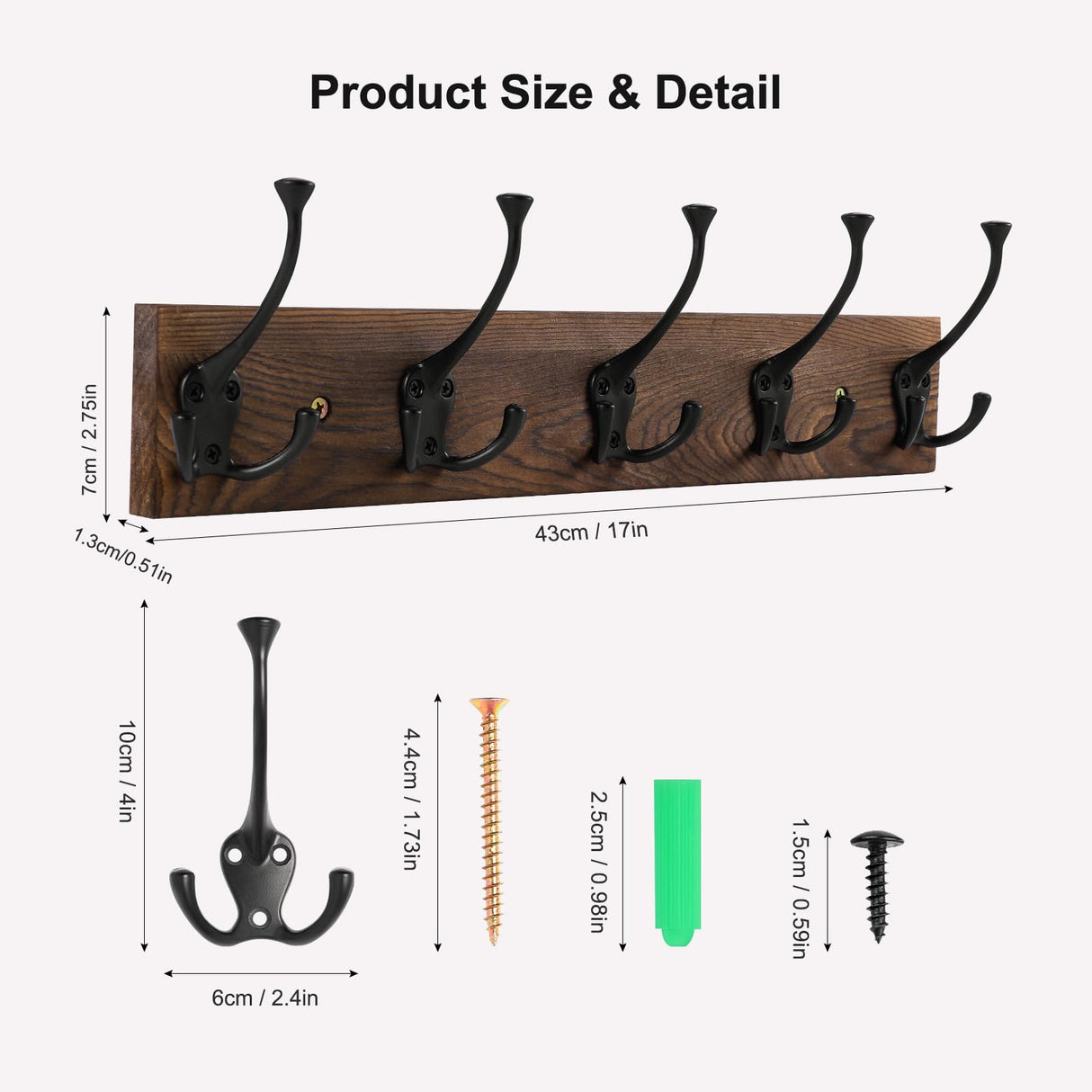 Gohiuo Rustic Wall Mount Coat Rack, 17" Coat Hooks Wall Mount Wood Coat Rack with 5 Triple Hooks, Heavy Duty Wooden Wall Mounted Coat Hanger for Entryway, Farmhouse Hanging Coats, Hats, Bags,Towels Gohiuo