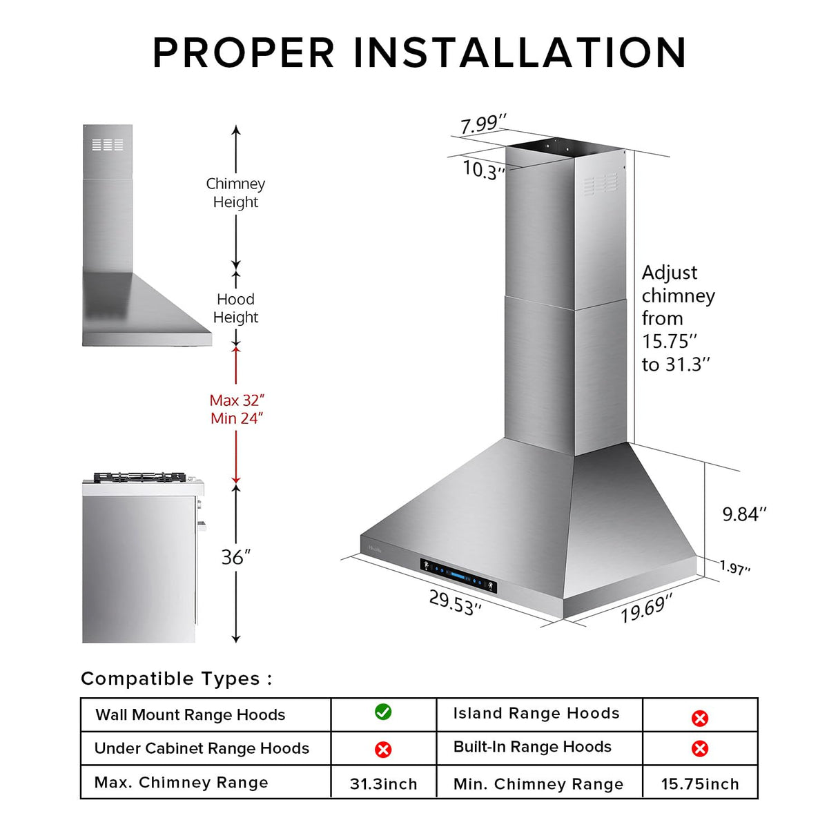 HisoHu Wall Mount Range Hood 30 Inch,Ductless/Ducted Convertible, 780 CFM Kitchen Vent Hood, Stainless Steel Mesh Filters,4 Speed Gesture Sensing&Touch Control Panel, Stainless Steel Kitchen Vent HisoHu