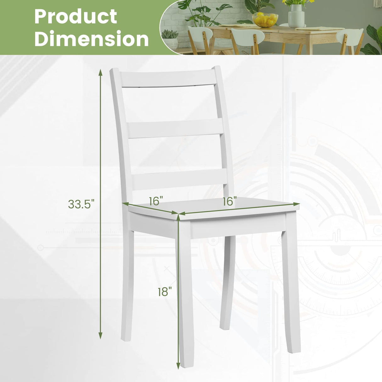 Giantex Wood Dining Chairs Set of 2 White - Wooden Armless Kitchen Chairs with Solid Rubber Wood Legs, Non-Slip Foot Pads, Max Load 400 Lbs, Farmhouse Style High Ladder Back Dining Room Chairs Giantex