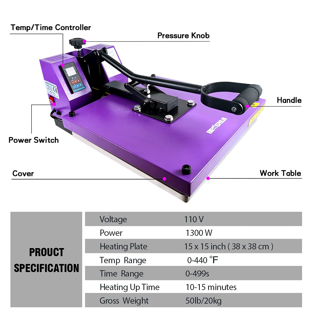 BetterSub 15‘’x15‘’ Industrial Heat Press Machine for T-Shirts, Sublimation, Transfers – Digital LCD Control, Teflon Surface, Clamshell Design, Safe & Durable - Purple BetterSub