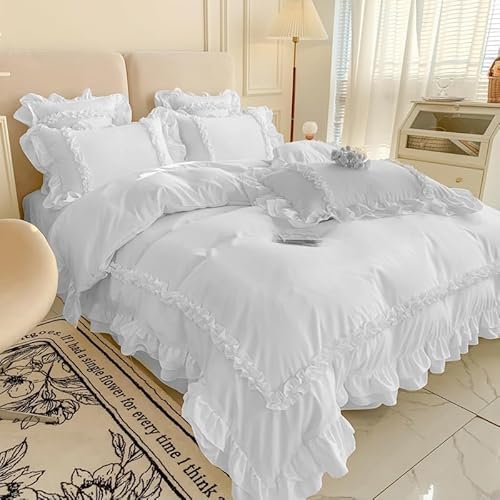 Girls Lace Bedding, Full Comforter Cover Set, Chic Ruffled Duvet Cover with 2 Layers Ruffle,Princess Style 1 Duvet Cover with 2 Pillowcases, No Comforter-White,Full SOUKECHY