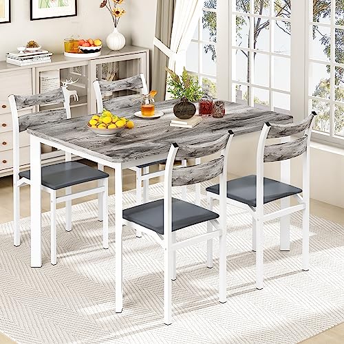 DKLGG Dining Table Set for 4, 43.3" Dining Room Table with 4 Upholstered PU Leather Chairs, Modern Wood Kitchen Table and Chairs Set, 5-Piece Dinette Set for Breakfast Nook, Small Places, Grey DKLGG