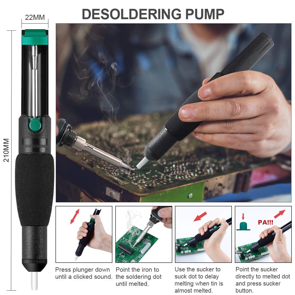 Soldering Iron Kit Electronics, 21-in-1, 90W LCD Adjustable Temperature Soldering Iron, 5pcs Soldering Iron Tips, Soldering Iron Stand, Desoldering Pump, Magnifier, Solder Wire, Tweezers, PU Carry Bag handskit