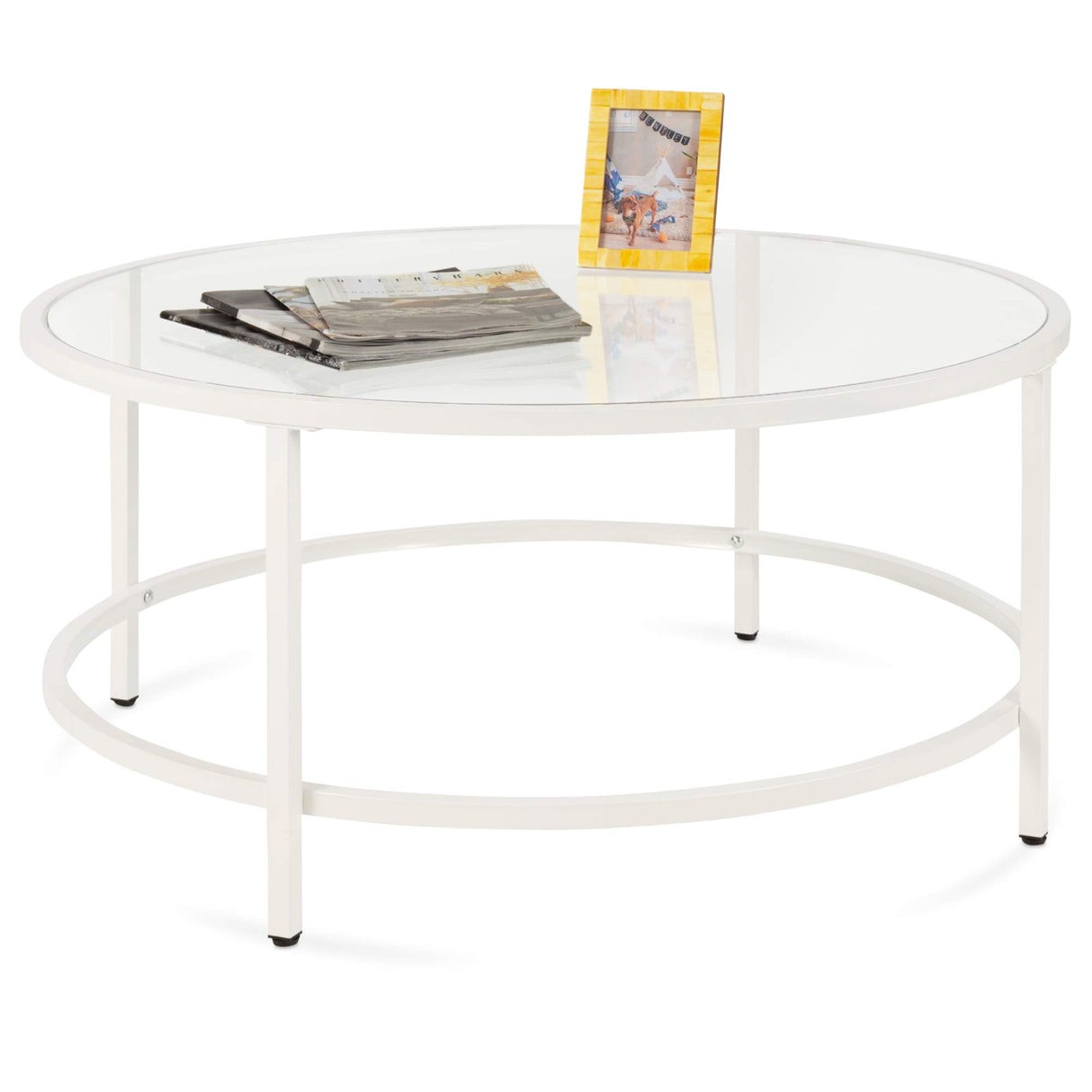 Best Choice Products 36in Modern Round Tempered Glass Accent Side Coffee Table for Living Room, Dining Room, Tea, Home Décor w/Metal Frame, Non-Marring Foot Caps - White Best Choice Products