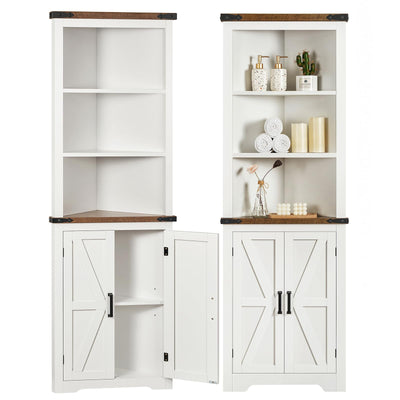 TEENFON Farmhouse Corner Cabinet, 70" H Tall Corner Hutch with 5 Shelves & 2 Barn Doors, Bathroom Cabinet with Adjustable Shelf, for Living Room, Kitchen, Bathroom, White