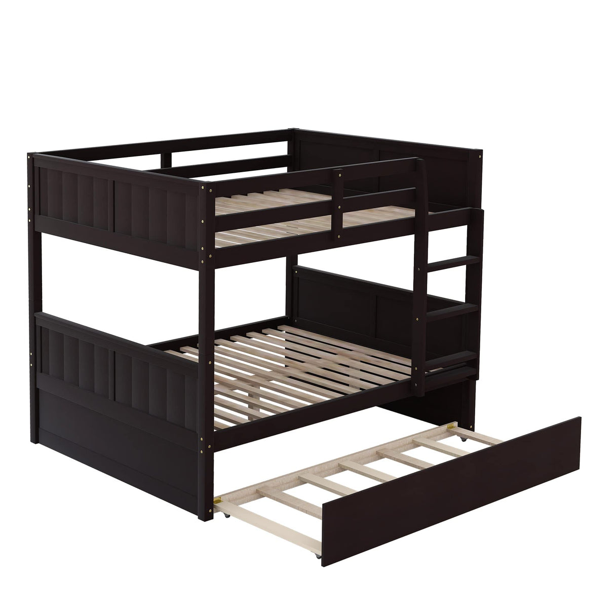 Merax Full Over Full Bunk Bed with Trundle,Wooden Trundle Bed Frame with Ladder Safety Guardrail,Convertible to 2 Platform Beds for Kids Teens,Espresso Merax