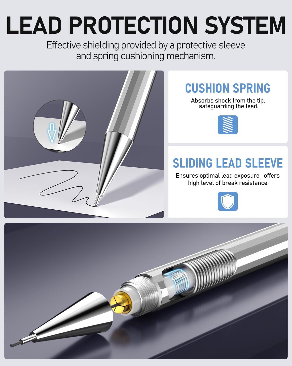 Four Candies 0.7mm Mechanical Pencil Set with Case - 4PCS Metal Mechanical Pencils, 8 Tubes HB #2 Lead Refills, 3PCS 4B Erasers and 9PCS Eraser Refills, Lead Mechanical Pencils for Writing & Drawing Four Candies