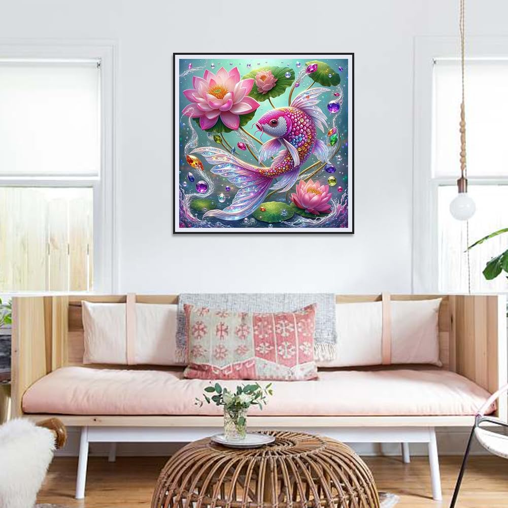 WSLWXSHM Diamond Painting Kits for Adults Fish, Lotus Round Full Drill Diamond Art Kits, 5D DIY Paint with Diamonds Crafts for Home Wall Decoration Gifts 12×12Inch WSLWXSHM