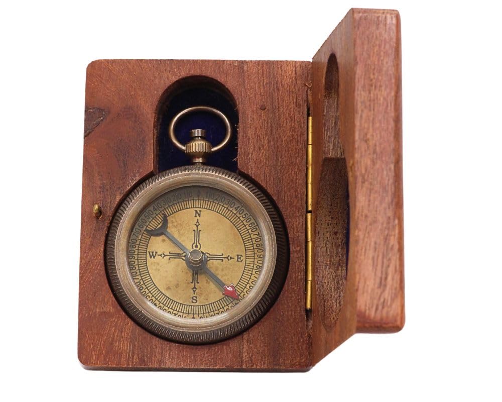 Brass Compass with Engraved Wood Case ROORKEE INSTRUMENTS (INDIA) A NAUTICAL REPRODUCTION HOUSE