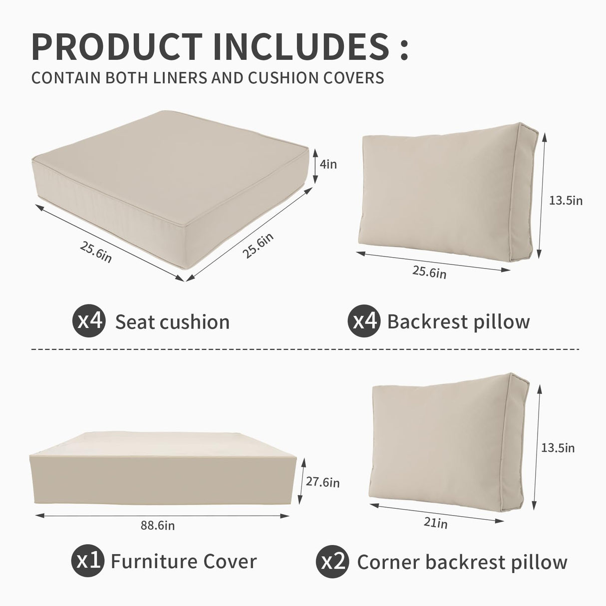 Valita Outdoor Furniture Replacement Cushions, Fits 4-seat Sectional Rattan Conversation Set, 10-Piece Patio Water-Resistant Replacement Sofa Cushions, Liner&Cover (Khaki) Valita