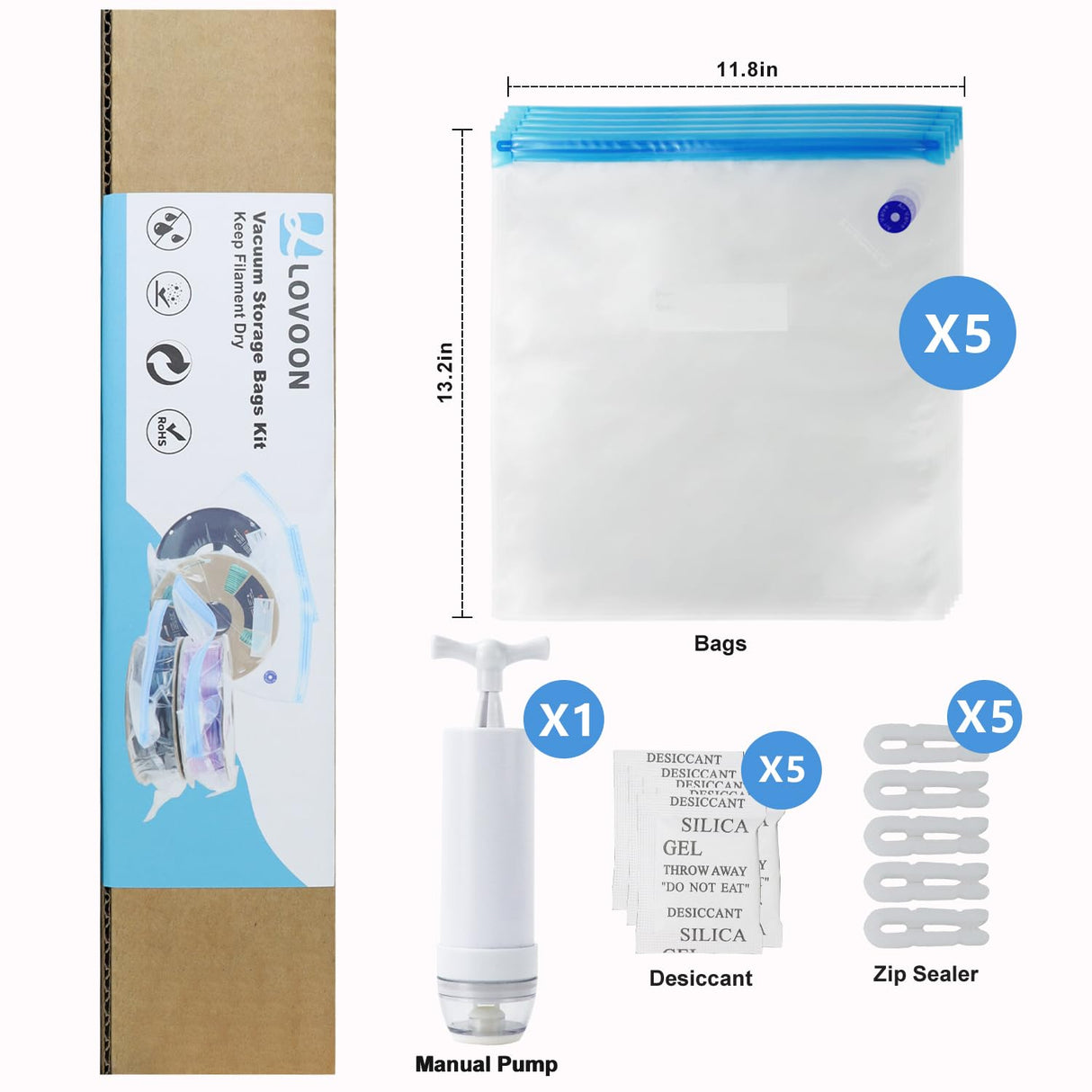 LOVOON Filament Storage Bags 16pcs, 3D Printer Filament Storage 5 Bags Vacuum Sealed Kit with 5pcs Desiccant, Hand Pump, Perfect for 3D Filament Storage or Using After Filament Dryer Box LOVOON