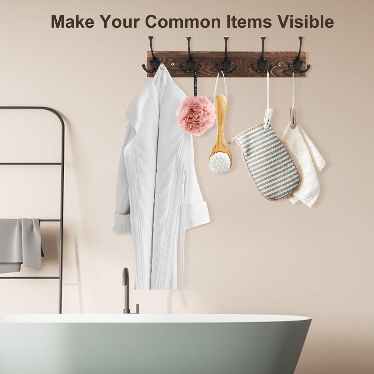 Gohiuo Rustic Wall Mount Coat Rack, 17" Coat Hooks Wall Mount Wood Coat Rack with 5 Triple Hooks, Heavy Duty Wooden Wall Mounted Coat Hanger for Entryway, Farmhouse Hanging Coats, Hats, Bags,Towels Gohiuo