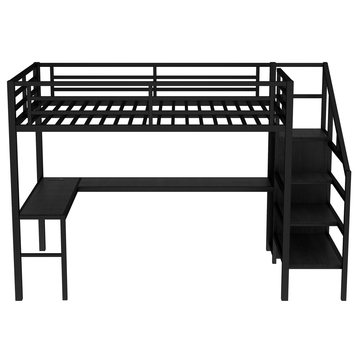 MAKIAAP Full Size Loft Bed with Desk and Wardrobe, Metal Heavy Duty Loft Bed Frames with Storage Stairs, LED Lights, Charging Station for Adults, Junior, Teens, Space Saving, Black (Full (more slats)) MAKIAAP