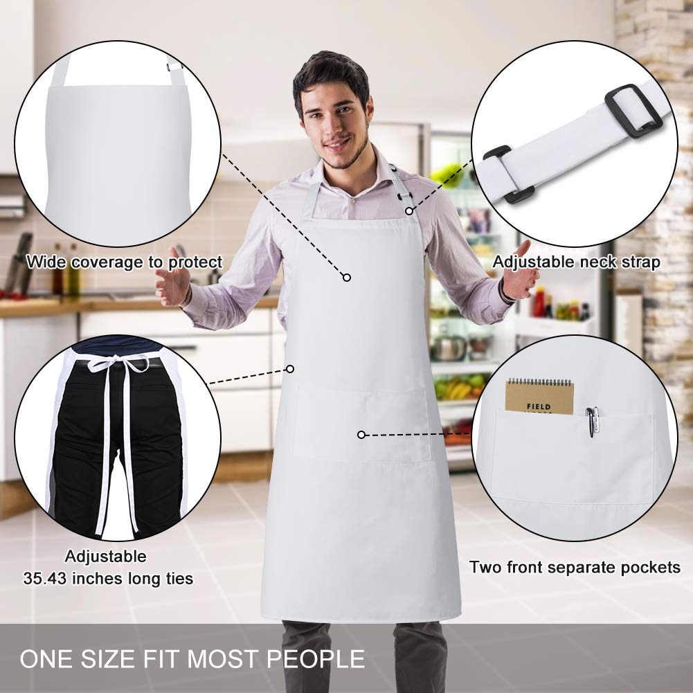 Jubatus 2 Pack Bib Aprons with 2 Pockets Cooking Chef Kitchen Apron for Women Men, White Jubatus