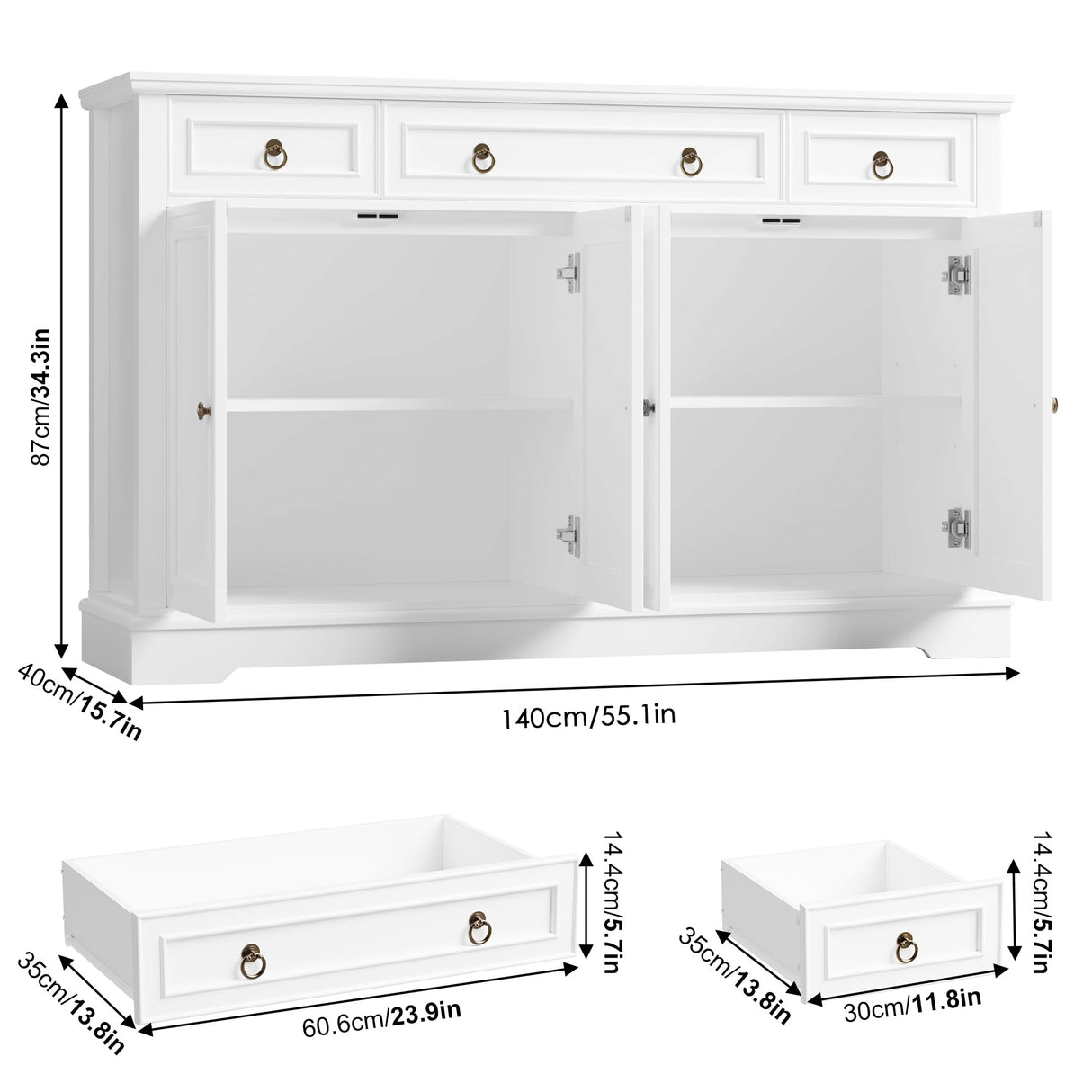 finetones Buffet Cabinet with Storage, 55.1" Large Sideboard Buffet Cabinet, White Kitchen Cabinet with 3 Drawers and 4 Doors, Wood Coffee Bar Cabinet for Kitchen Dining Room, White finetones